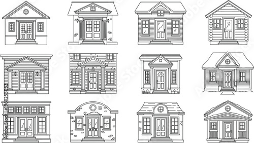 Hand drawn set of various house exterior facade line art icons for coloring book pages and architectural design
