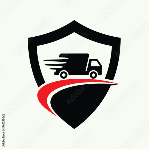 Fast moving delivery truck within a shield icon, symbolizing secure, rapid, and reliable transportation services for logistics and shipping.