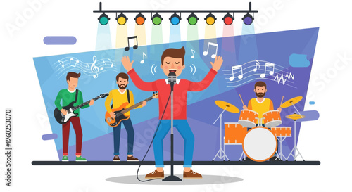 Dynamic Band Performance on Stage with Vibrant Lighting and Musical Notes