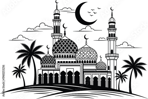 Mosque line art illustration with crescent moon and palm trees for Ramadan Kareem and Eid Mubarak coloring pages