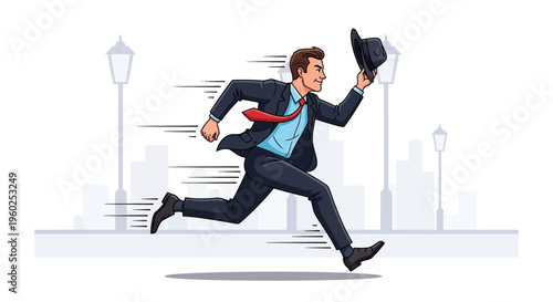 Dynamic Businessman Running With Hat In Hand On City Street