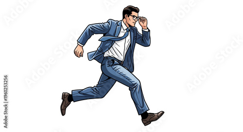 Dynamic Businessman Running With Purpose Adjusting Eyewear On White Background