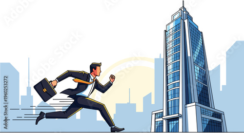 Dynamic Businessman Sprinting Towards Modern Skyscraper Illustration