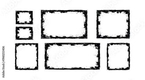 Grunge rectangular frame set with black distressed borders vector collection of rough edge boxes for photography and vintage design projects on transparent background with textured lines.