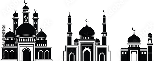 Set of Islamic mosque silhouette icons with domes and minarets for Ramadan Kareem Eid Mubarak and middle eastern design