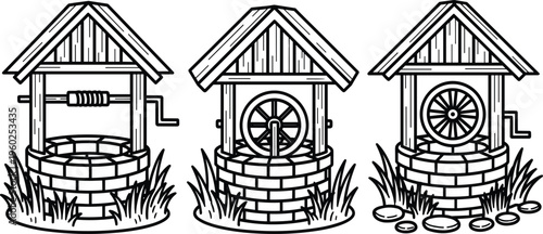 Set of three hand drawn traditional water well illustrations with wooden roofs and crank handles on white background