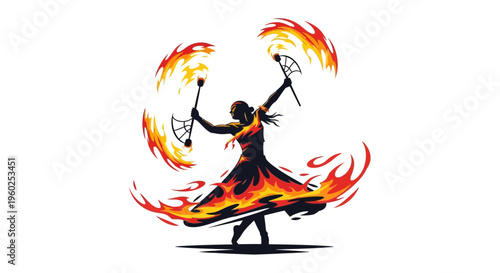 Dynamic Fire Dancer Performing with Flaming Wands and Flowing Skirt