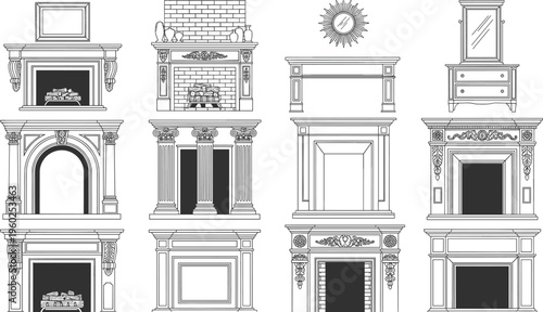 Set of vintage fireplace and mantel line art illustrations for interior design icons coloring book pages isolated vector