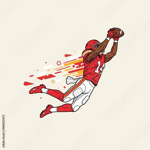Dynamic Football Player Leaping Mid-Air Catching A Pass Action Shot