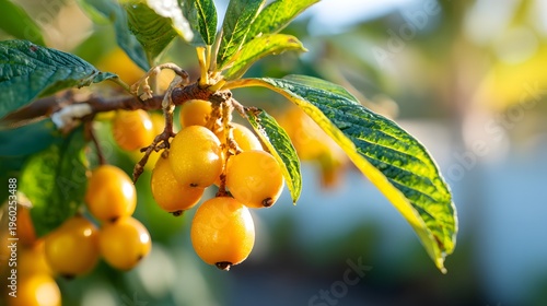 Close-up of ripe loquats growing on a tree branch in warm sunlight.