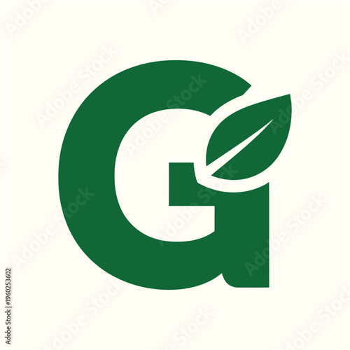Initial letter g logo design incorporating green leaf for eco friendly brand identity or sustainable nature business representing growth and environmental health in minimalist flat style.
