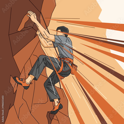 Dynamic Mountain Climber Ascending Rugged Cliff Face With Intense Focus