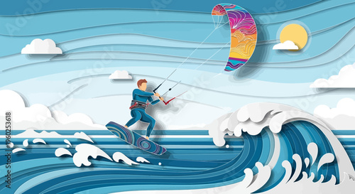 Dynamic Kiteboarding Adventure Across Wavy Waters Under Sunny Skies