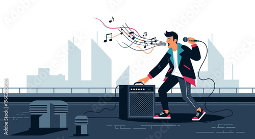 Dynamic Musician Performing Vocals With Microphone And Amplifier On Rooftop