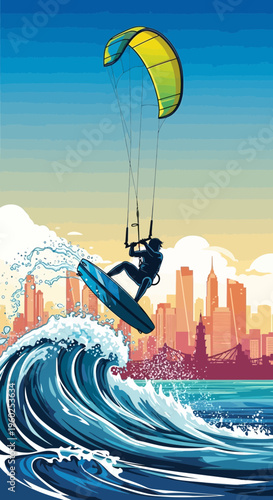 Dynamic Kite Surfer Soars Above Urban Skyline Waves
