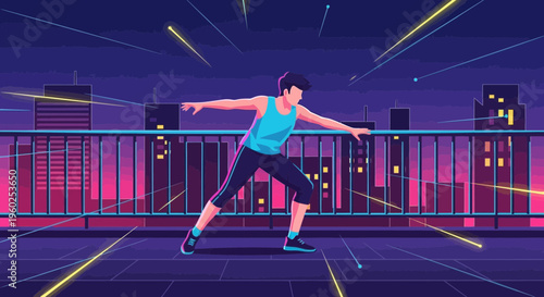 Dynamic Night City Rooftop Dancer With Meteor Shower Effect