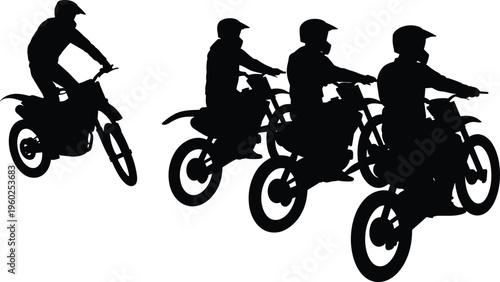 Motorcycle riders silhouette set, motocross bikers performing stunts and riding, extreme sport concept, off road adventure, isolated vector illustration collection