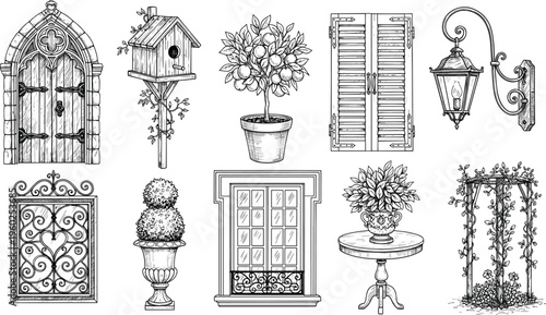 Vintage hand drawn garden collection including birdhouse potted plants lantern shutters window and wrought iron gate on white background