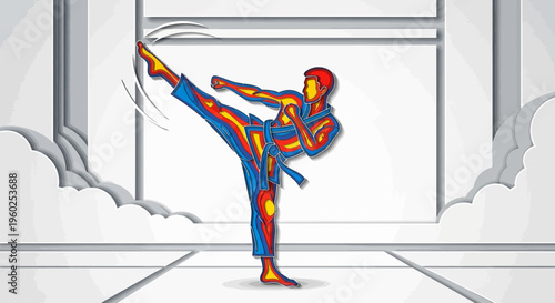 Dynamic Martial Artist Performing High Kick In Stylized Setting