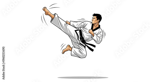 Dynamic Martial Artist Performing A High Flying Kick In A Combat Uniform