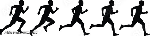 Running man silhouette sequence, sprint motion stages, athlete training, fitness activity, dynamic movement, black isolated figure, sports illustration design concept