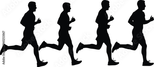 Running man silhouettes, athlete sprint motion sequence, fitness training concept, dynamic sport movement, active lifestyle, black isolated figure illustration design