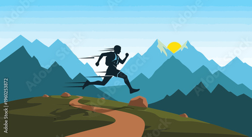 Dynamic Silhouette Runner Ascends Mountain Trail Towards Sunrise Glory