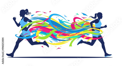 Dynamic Silhouettes Of Female Runners With Vibrant Abstract Motion Trails