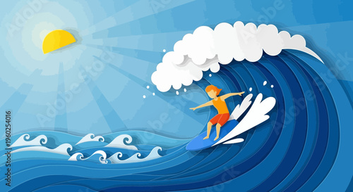 Dynamic Surfer Riding A Majestic Ocean Wave Under Bright Sun