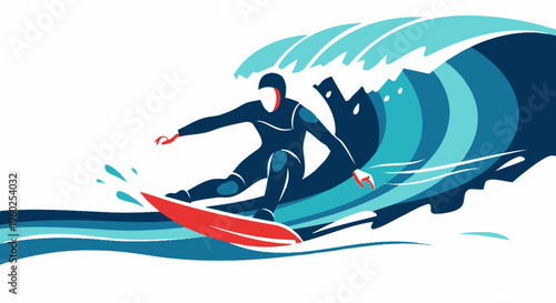 Dynamic Surfer Riding a Vibrant Blue Wave Illustration