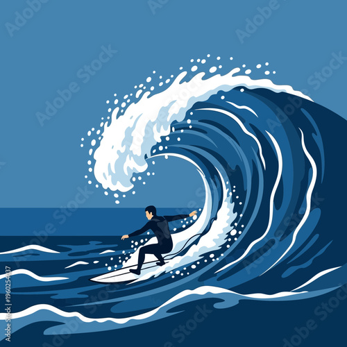 Dynamic Surfer Riding Massive Ocean Wave With Blue Hues