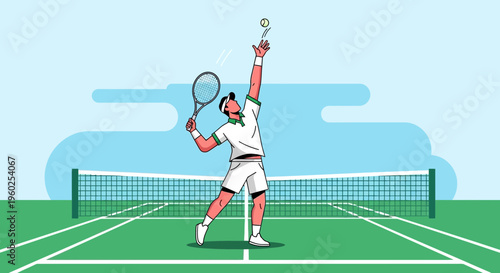 Dynamic Tennis Player Serving During A Match On Court