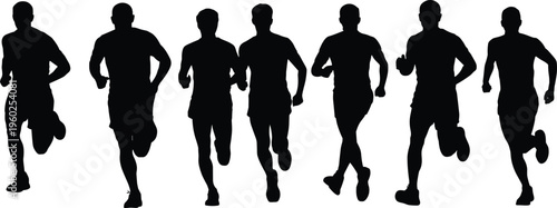 set of running men silhouettes in different poses isolated on white background fitness jogging athlete movement concept illustration