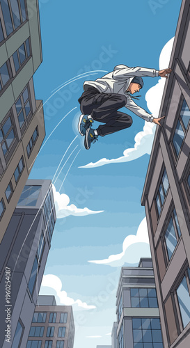 Dynamic Urban Athlete Leaping Between High-Rise Buildings in a Cityscape