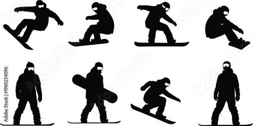 set of snowboarder silhouettes performing jumps and tricks in different poses isolated on white background representing winter sport activity