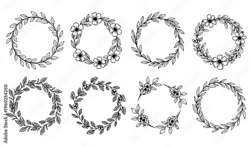 Obraz premium Hand Drawn Botanical Wreath Collection Linear Outline Floral Frame Vector Set