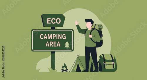 Eco Camping Area Signpost Welcoming Hiker With Backpack For Outdoor Adventure