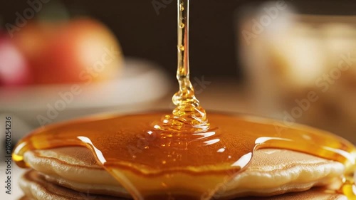 Ripe golden syrup drizzling over warm pancake stack in sweet homestead scene