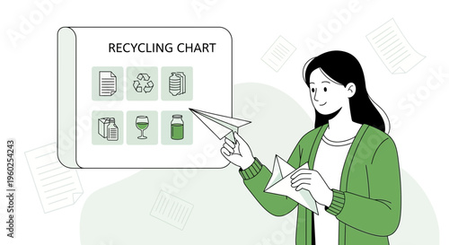 Eco Conscious Woman Illustrates Recycling Guide with Paper Airplanes
