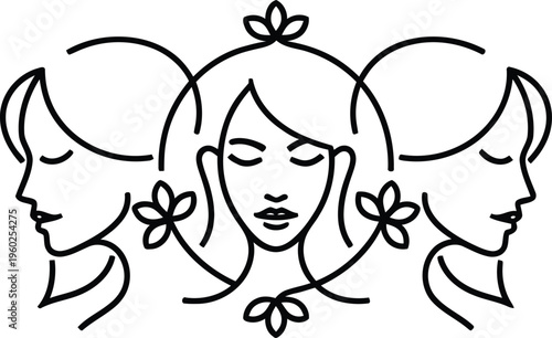 Triple goddess symbol vector illustration with three female faces in profile and floral elements representing phases of womanhood and feminine energy on a transparent grid background.