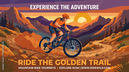 Mountain Biker Enjoying Sunset Ride on the Golden Trail