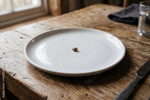 Single small seed in the center of an empty white ceramic plate on a rustic wooden table, representing poverty and food scarcity.