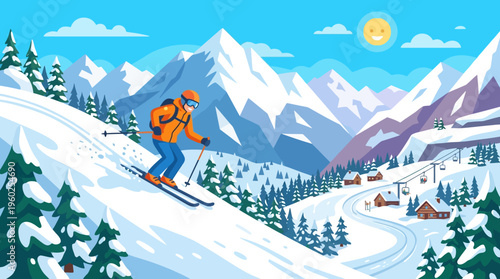 Skier Carving Down a Snowy Mountain Slope