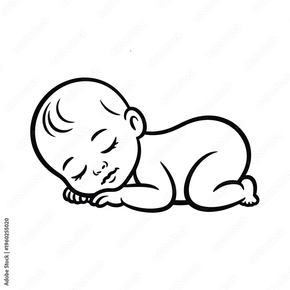 Fototapeta premium Simple line drawing depicts a peacefully sleeping baby on a white background