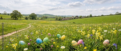 Wide banner of colorful Easter eggs hidden in a vibrant wildflower meadow overlooking a pastoral rural village among rolling green hills.