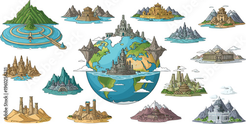 Fantasy Floating Islands World Map Illustration with Ancient Civilizations Mountains Temples Castles and Mythical Landscapes Creative Geography Concept Vector Set for Games Books and Design Projects