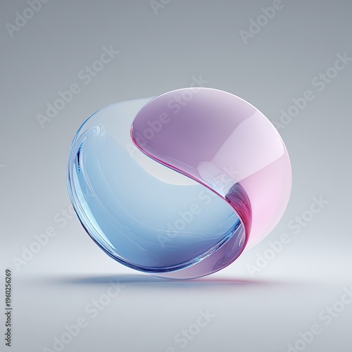 A translucent blue and pink geometric form. It curves smoothly against a grey background