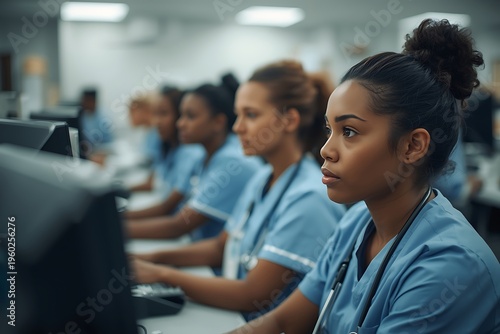 Generative AI depicting diverse healthcare professionals working in a modern medical facility