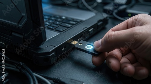 Person Inserting Hardware Security Key Into Laptop For Two Factor Authentication
