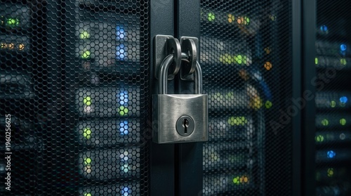 Close Up Of Metal Padlock On Network Server Rack In Dark Data Center
